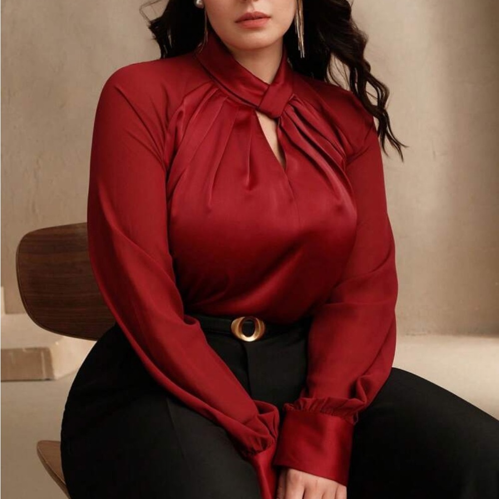 Women Elegant Long Sleeve Top Blouse Shirt Burgundy